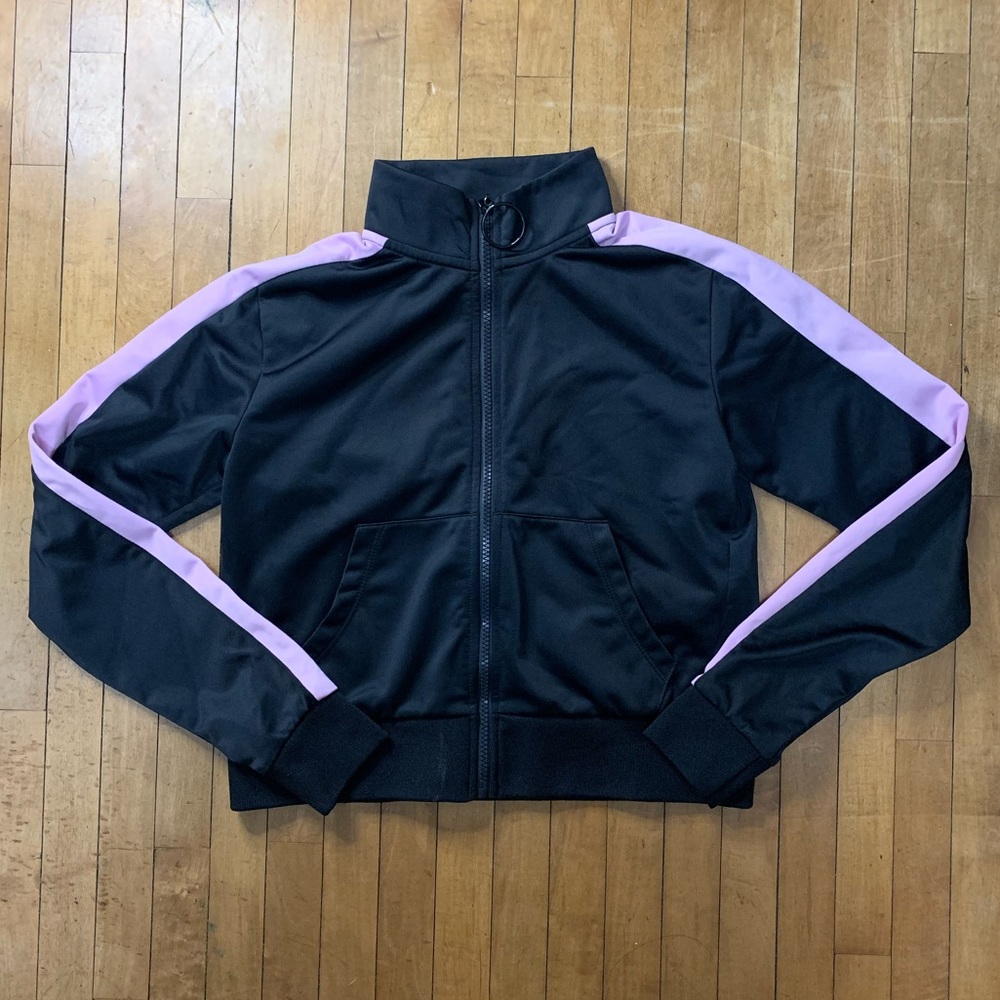 forever 21 crop xip up jacket in pink and black